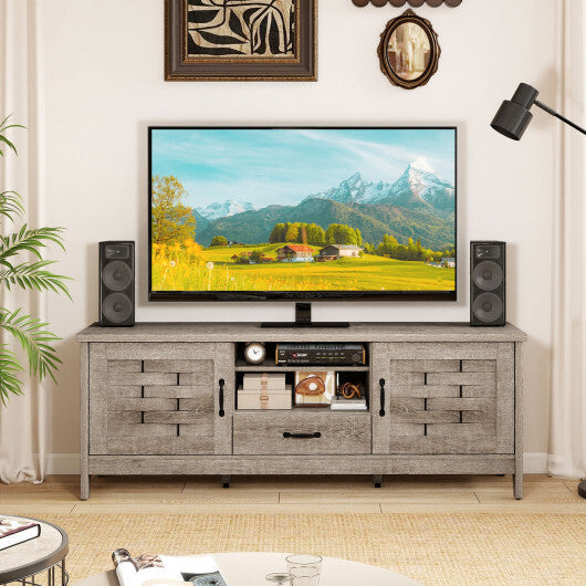 Farmhouse TV Stand for 65 Inch TVs with 2 Woven Accent Doors and 3 Adjustable Shelves-Rustic Brown W2B