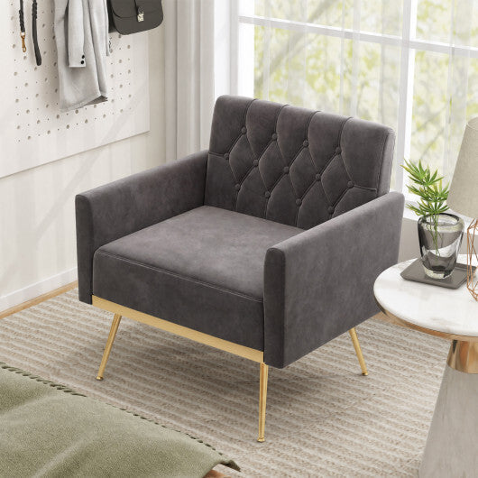 Modern Velvet Upholstered Accent Chair with Button-Tufted Back and Adjustable Feet-Gray W2B