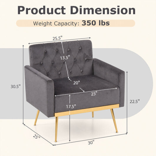 Modern Velvet Upholstered Accent Chair with Button-Tufted Back and Adjustable Feet-Gray W2B