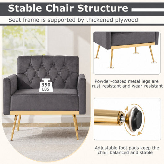 Modern Velvet Upholstered Accent Chair with Button-Tufted Back and Adjustable Feet-Gray W2B