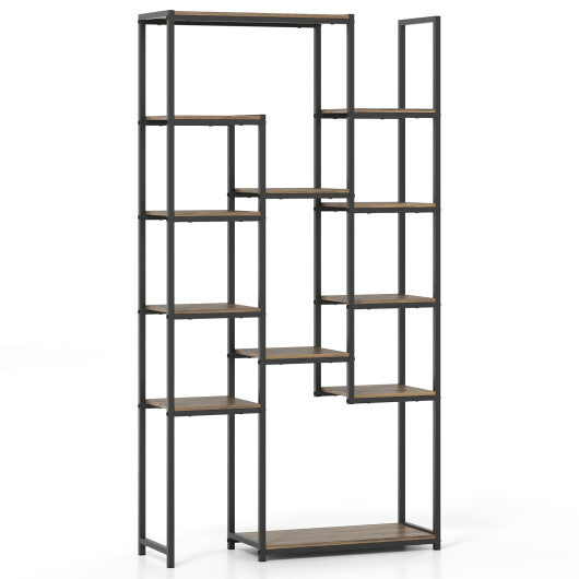 71 Inch Tall Vintage Geometric  Bookshelf 12 Open Shelves-Walnut W2B