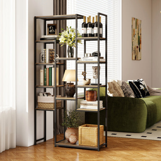 71 Inch Tall Vintage Geometric  Bookshelf 12 Open Shelves-Walnut W2B