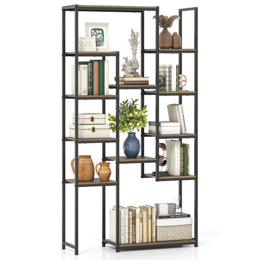 71 Inch Tall Vintage Geometric  Bookshelf 12 Open Shelves-Walnut W2B