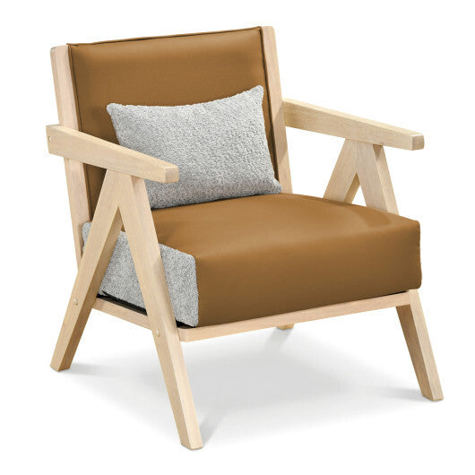 Mid-Century Modern Accent Chair Artificial Leather Sofa Chair with Rubber Wood Frame-Brown W2B