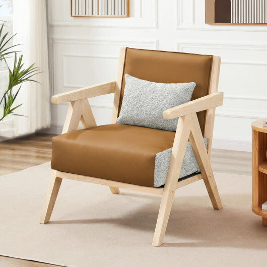 Mid-Century Modern Accent Chair Artificial Leather Sofa Chair with Rubber Wood Frame-Brown W2B