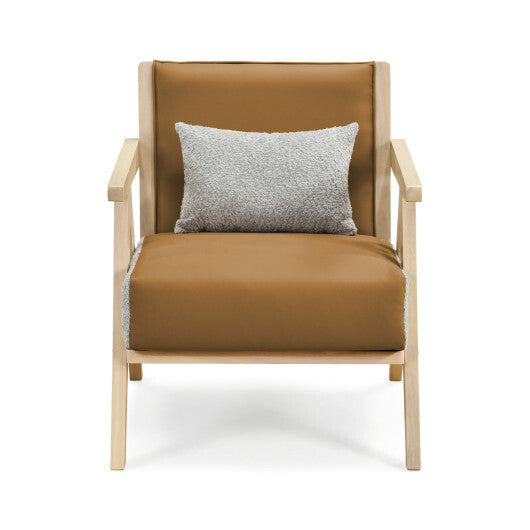 Mid-Century Modern Accent Chair Artificial Leather Sofa Chair with Rubber Wood Frame-Brown W2B