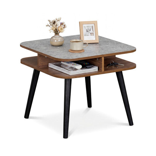 Side Table Faux Marble End Table with Storage Shelves and Rubber Wood Legs-Walnut W2B