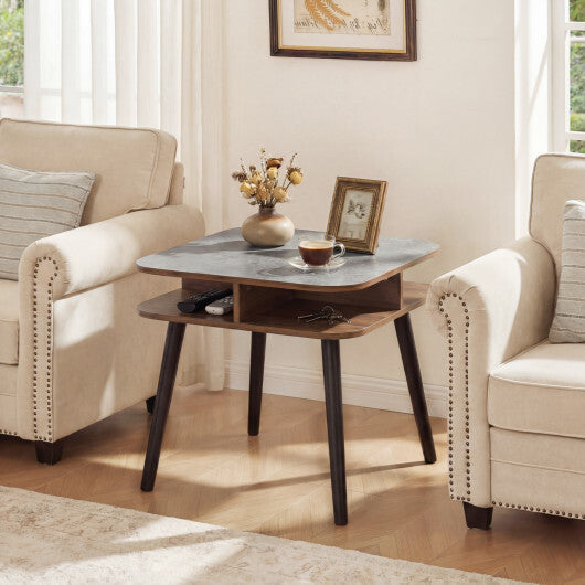 Side Table Faux Marble End Table with Storage Shelves and Rubber Wood Legs-Walnut W2B