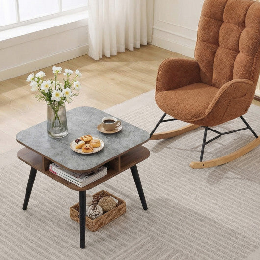 Side Table Faux Marble End Table with Storage Shelves and Rubber Wood Legs-Walnut W2B