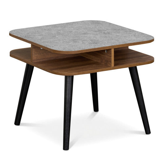Side Table Faux Marble End Table with Storage Shelves and Rubber Wood Legs-Walnut W2B
