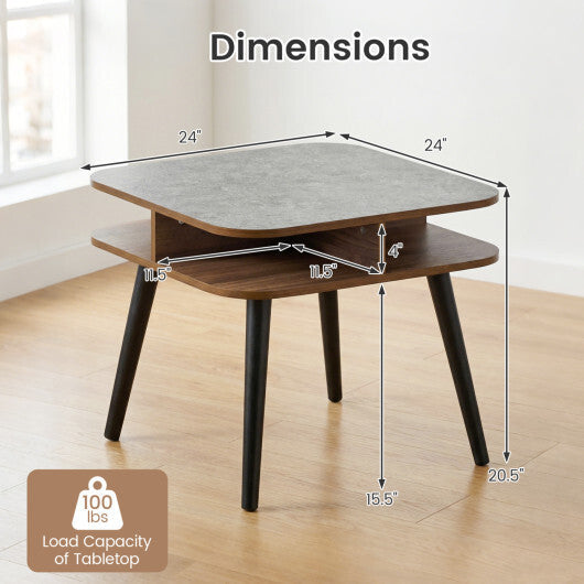 Side Table Faux Marble End Table with Storage Shelves and Rubber Wood Legs-Walnut W2B