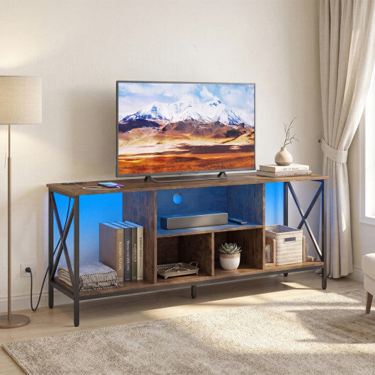TV Stand with LED Lights for 65 Inch TV Entertainment Center with Power Outlets-Brown W2B