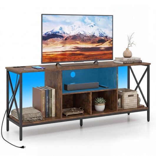 TV Stand with LED Lights for 65 Inch TV Entertainment Center with Power Outlets-Brown W2B
