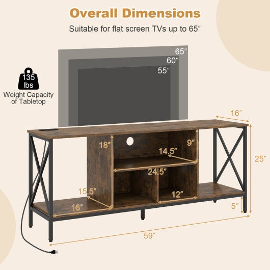 TV Stand with LED Lights for 65 Inch TV Entertainment Center with Power Outlets-Brown W2B