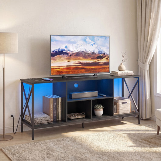 TV Stand with LED Lights for 65 Inch TV Entertainment Center with Power Outlets-Brown W2B