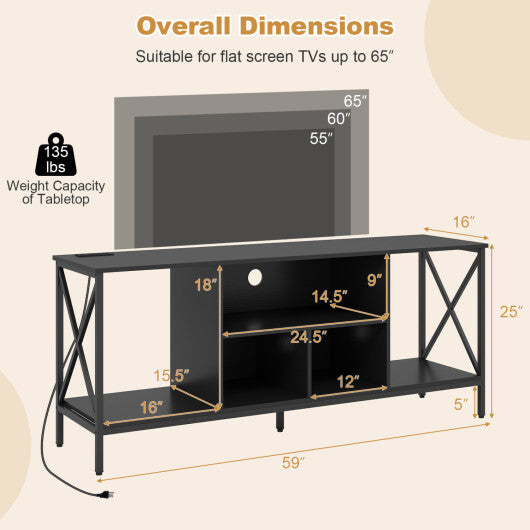 TV Stand with LED Lights for 65 Inch TV Entertainment Center with Power Outlets-Brown W2B