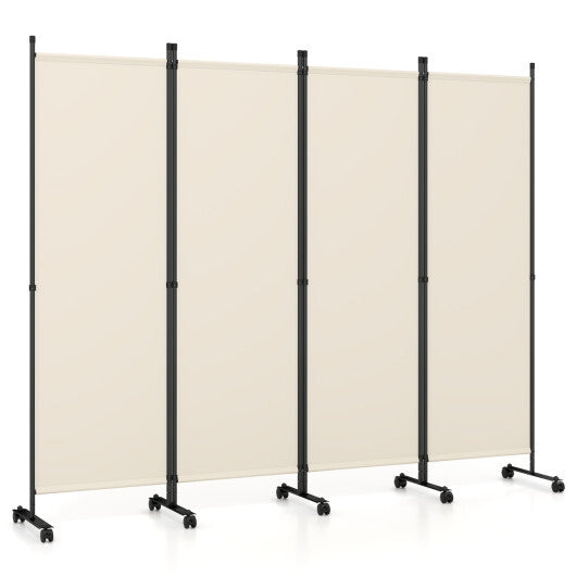 4-Panel Room Divider with Lockable Wheels for Living Room-Beige W2B