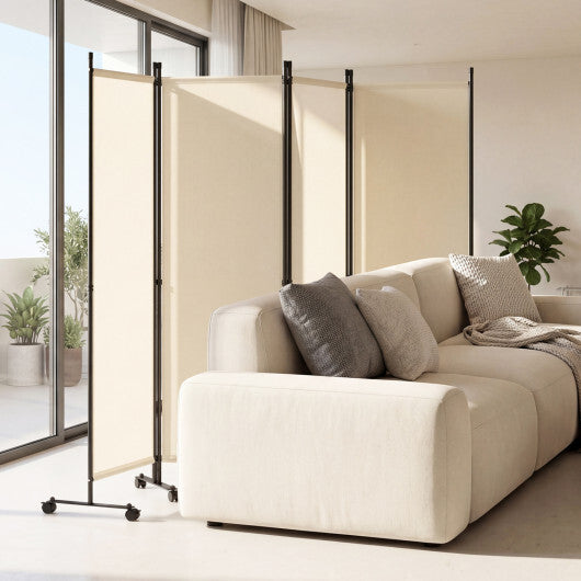 4-Panel Room Divider with Lockable Wheels for Living Room-Beige W2B