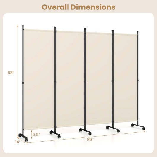 4-Panel Room Divider with Lockable Wheels for Living Room-Beige W2B
