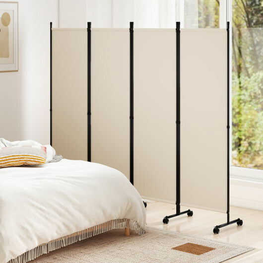 4-Panel Room Divider with Lockable Wheels for Living Room-Beige W2B