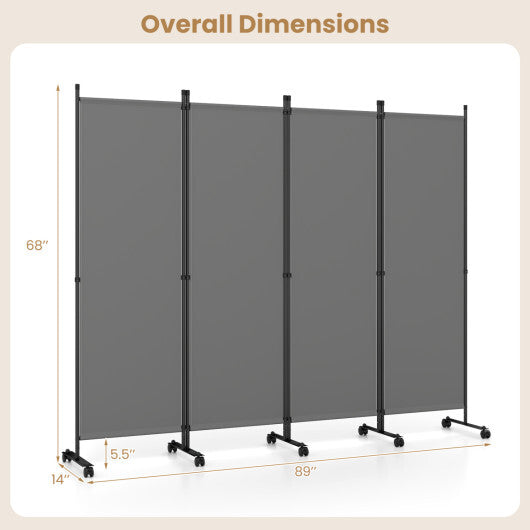4-Panel Room Divider with Lockable Wheels for Living Room-Beige W2B