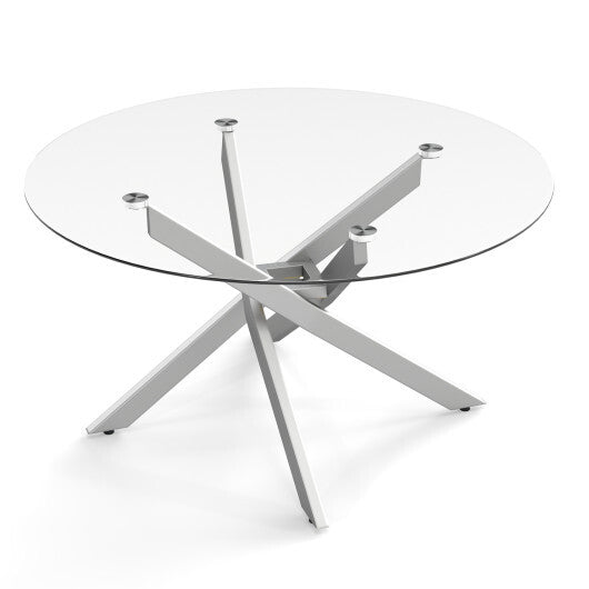 Glass Coffee Table Round Clear Center Table with Tempered Glass Top-Silver W2B