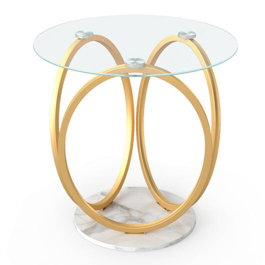 Round End Table Faux Marble Side Table with Tempered Glass Tabletop-Gold W2B