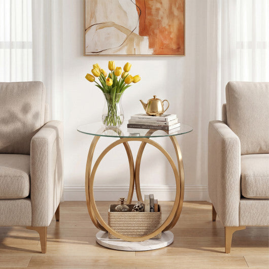 Round End Table Faux Marble Side Table with Tempered Glass Tabletop-Gold W2B