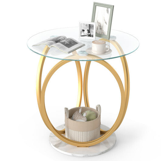 Round End Table Faux Marble Side Table with Tempered Glass Tabletop-Gold W2B