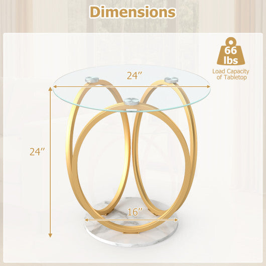 Round End Table Faux Marble Side Table with Tempered Glass Tabletop-Gold W2B