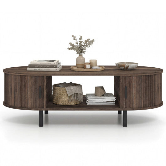 Oval Coffee Table 47.5inch Wooden Center Table with Storage-Walnut W2B