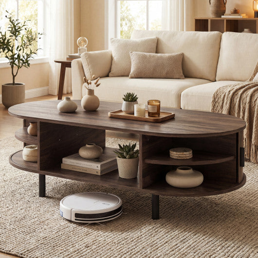 Oval Coffee Table 47.5inch Wooden Center Table with Storage-Walnut W2B