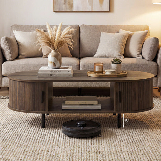 Oval Coffee Table 47.5inch Wooden Center Table with Storage-Walnut W2B