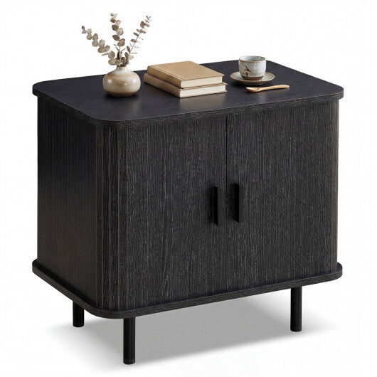 End Table Modern Mid Century Nightstand with Sliding Tambour Doors and Storage Shelf-Natural W2B
