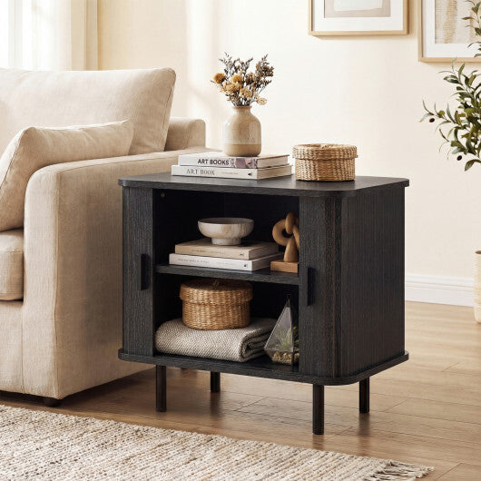End Table Modern Mid Century Nightstand with Sliding Tambour Doors and Storage Shelf-Natural W2B