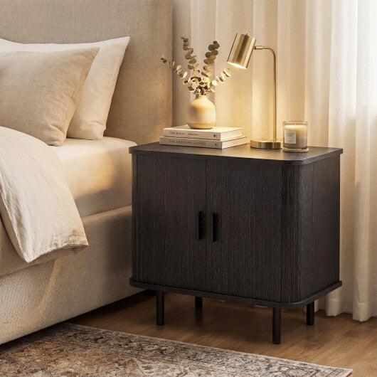 End Table Modern Mid Century Nightstand with Sliding Tambour Doors and Storage Shelf-Natural W2B