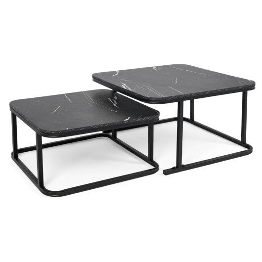 Nesting Coffee Table Set of 2 with Faux Marble Top and Metal Frame-Black W2B