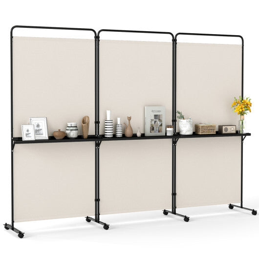3-Panel Room Divider with Shelves 6 FT Tall Folding Privacy Screen with Lockable Wheels-White W2B