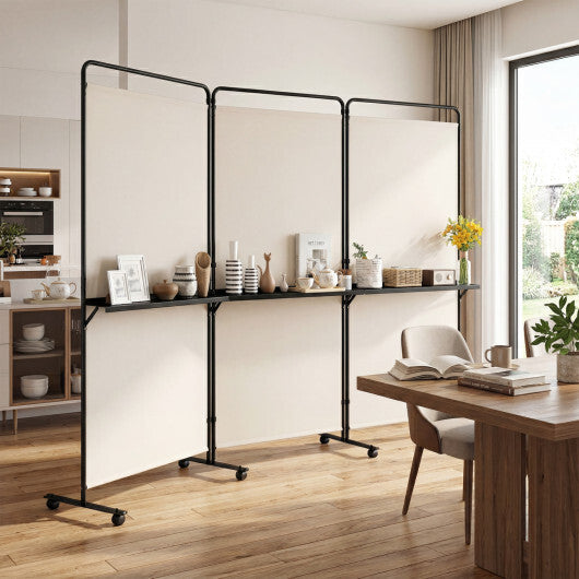 3-Panel Room Divider with Shelves 6 FT Tall Folding Privacy Screen with Lockable Wheels-White W2B