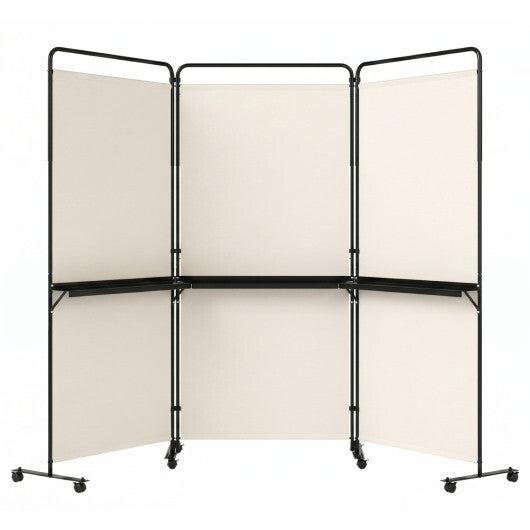 3-Panel Room Divider with Shelves 6 FT Tall Folding Privacy Screen with Lockable Wheels-White W2B