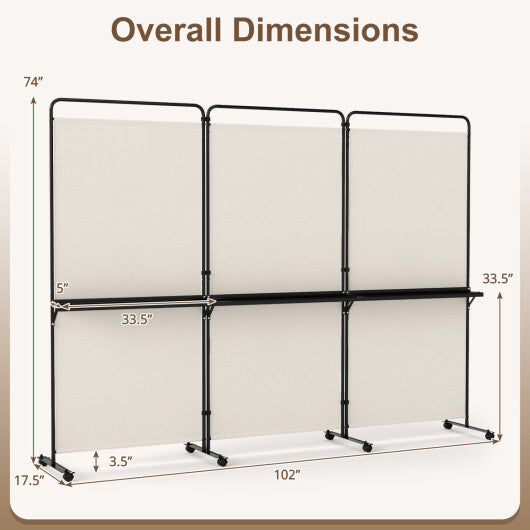 3-Panel Room Divider with Shelves 6 FT Tall Folding Privacy Screen with Lockable Wheels-White W2B