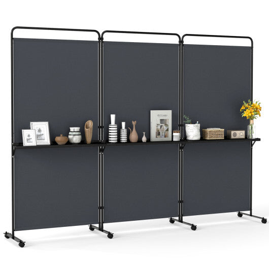3-Panel Room Divider with Shelves 6 FT Tall Folding Privacy Screen with Lockable Wheels-White W2B