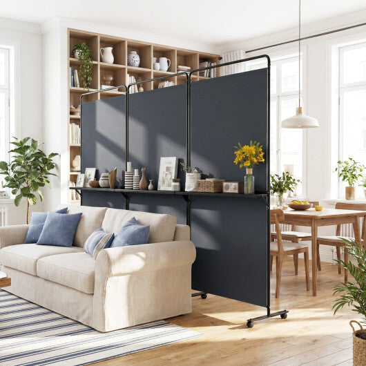 3-Panel Room Divider with Shelves 6 FT Tall Folding Privacy Screen with Lockable Wheels-White W2B