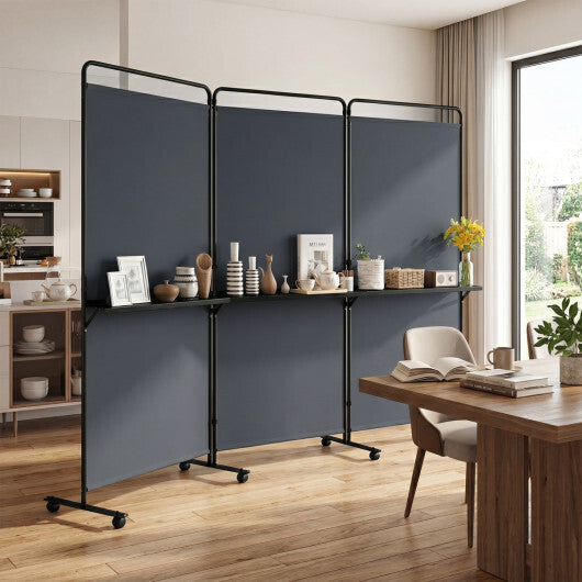 3-Panel Room Divider with Shelves 6 FT Tall Folding Privacy Screen with Lockable Wheels-White W2B