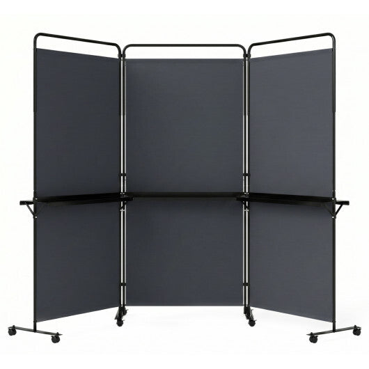 3-Panel Room Divider with Shelves 6 FT Tall Folding Privacy Screen with Lockable Wheels-White W2B