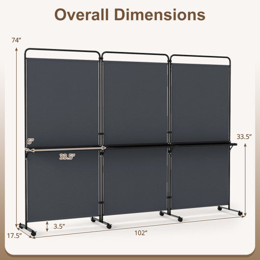 3-Panel Room Divider with Shelves 6 FT Tall Folding Privacy Screen with Lockable Wheels-White W2B