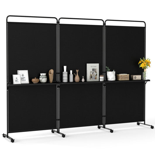 3-Panel Room Divider with Shelves 6 FT Tall Folding Privacy Screen with Lockable Wheels-White W2B