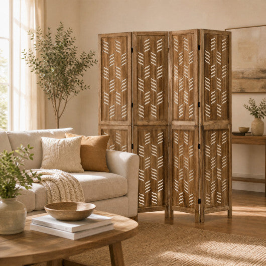 5.5 FT Tall Room Divider 4 Panels with Wave Cutout & Paulownia Frame for Room-Brown W2B