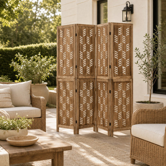 5.5 FT Tall Room Divider 4 Panels with Wave Cutout & Paulownia Frame for Room-Brown W2B
