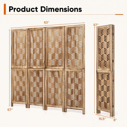 5.5 FT Tall Room Divider 4 Panels with Wave Cutout & Paulownia Frame for Room-Brown W2B